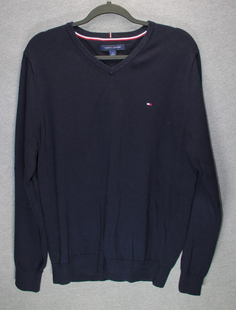 Tommy Hilfiger Sweater Large Navy Blue V-Neck 100% Cotton Solid Pullover L Mens